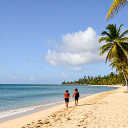 Caribbean Holidays, February Escapes, Golden sandy beach in Tobago with calm turquoise water, palm trees and a couple walking along the shoreline in February