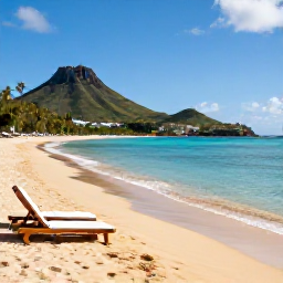 Caribbean Holidays, February Escapes, Golden sandy beach on Saint Kitts with sun loungers, clear water and green volcanic hills in the background