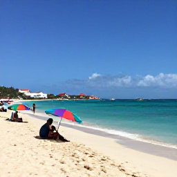Caribbean Holidays, February Escapes, Golden sandy beach with calm clear water, colourful umbrellas and visitors enjoying a sunny February day in Sint Maarten