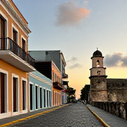 Caribbean Holidays, February Escapes, Old San Juan at sunset with colourful colonial buildings, cobbled streets and the historic city wall