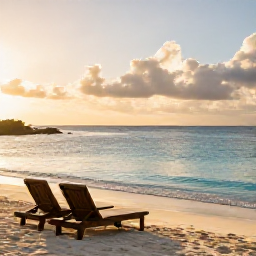 Caribbean Holidays, February Escapes, Peaceful adults-only Caribbean beach at sunrise with two loungers, clear water and soft golden February light