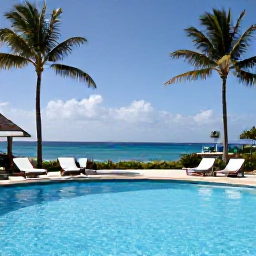 Caribbean Holidays, February Escapes, Peaceful adults-only Caribbean resort pool with sun loungers, palm trees and ocean views on Saint Martin