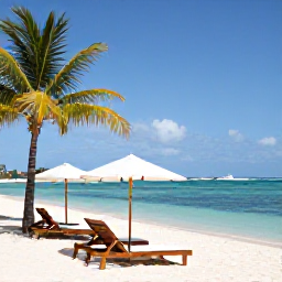 Caribbean Holidays, February Escapes, Quiet white-sand beach with sun loungers, calm turquoise water and palm trees on Saint Martin in February