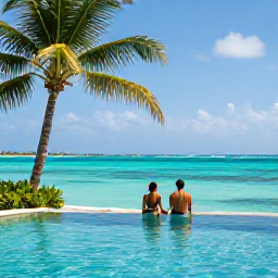 Caribbean Holidays, February Escapes, Relaxed couple beside a palm-fringed infinity pool overlooking a bright turquoise Bahamian sea