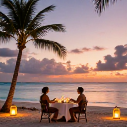 Caribbean Holidays, February Escapes, Romantic beachfront dinner for two in The Bahamas with lanterns, palm trees and an ocean sunset