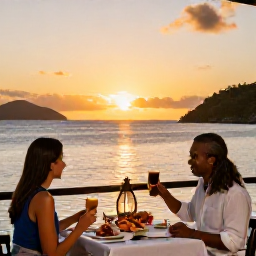Caribbean Holidays, February Escapes, Romantic sunset dinner for two at a waterfront restaurant in the U.S. Virgin Islands, with lanterns, fresh seafood and a golden Caribbean sky