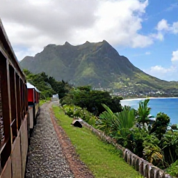 Caribbean Holidays, February Escapes, Scenic view from a historic railway on Saint Kitts, lush mountains, coastline and a vintage train carriage