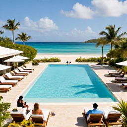 Caribbean Holidays, February Escapes, Stylish adults-only Caribbean resort pool overlooking the turquoise sea in St Thomas, with sun loungers, tropical gardens and a couple enjoying a quiet afternoon