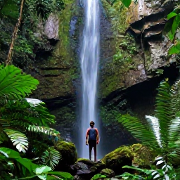 Caribbean Holidays, February Escapes, Traveller hiking through El Yunque National Forest beside lush tropical plants and a flowing waterfall