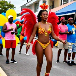 Caribbean Holidays, February Family Holidays, A colourful family Carnival scene in Trinidad during February, with decorated costumes, musicians, dancing and a lively but welcoming street atmosphere