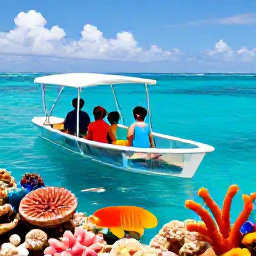 Caribbean Holidays, February Family Holidays, A family aboard a small glass-bottom boat viewing colourful tropical fish and coral near Providenciales in the Turks and Caicos Islands