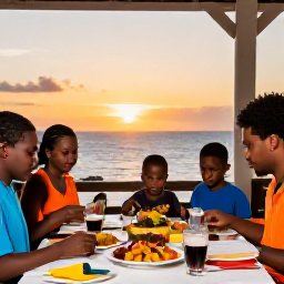 Caribbean Holidays, February Family Holidays, A family eating dinner at an outdoor restaurant in Cura&ccedil;ao at sunset, with colourful local dishes and a relaxed Caribbean atmosphere