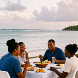 Caribbean Holidays, February Family Holidays, A family enjoying a casual outdoor dinner beside the sea in Saint Kitts, with local Caribbean dishes, soft evening light and a relaxed atmosphere