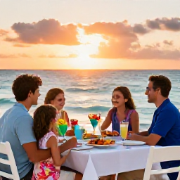Caribbean Holidays, February Family Holidays, A family enjoying a relaxed outdoor dinner beside the sea in The Bahamas at sunset, with local seafood and tropical drinks