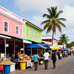 Caribbean Holidays, February Family Holidays, A family exploring a colourful Nassau market and historic street with pastel buildings, palm trees and local shops