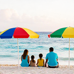 Caribbean Holidays, February Family Holidays, A family relaxing on a Bahamian beach with colourful umbrellas, calm turquoise sea and warm winter sunshine