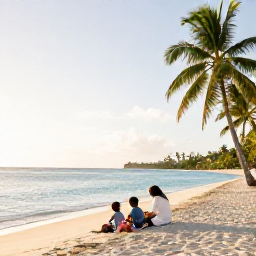 Caribbean Holidays, February Family Holidays, A family relaxing on a bright sandy beach in Saint Kitts with calm turquoise water, palm trees and gentle morning sunshine