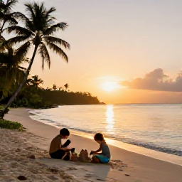 Caribbean Holidays, February Family Holidays, A family relaxing on a quiet Tobago beach at sunset, with children building sandcastles, calm sea, palm trees and warm golden evening light