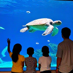 Caribbean Holidays, February Family Holidays, A family visiting Cura&ccedil;ao Sea Aquarium, looking at tropical fish and sea turtles through a large underwater viewing window