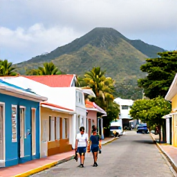Caribbean Holidays, February Family Holidays, A family walking through historic Basseterre in Saint Kitts, with colourful buildings, quiet streets and tropical mountains in the background