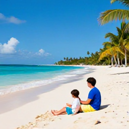 Caribbean Holidays, February Family Holidays, A happy family relaxing on a beautiful Caribbean beach in February, with turquoise water, soft white sand and palm trees