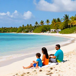 Caribbean Holidays, February Family Holidays, A happy family relaxing on a sunny Caribbean beach in St Thomas, with calm turquoise water and palm trees