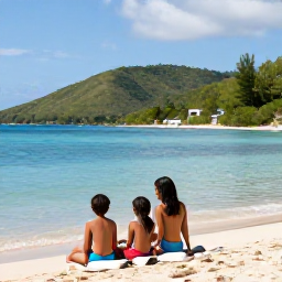 Caribbean Holidays, February Family Holidays, A happy family relaxing on a sunny Saint Lucia beach in February, with calm turquoise water and green hills in the background