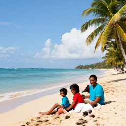 Caribbean Holidays, February Family Holidays, A happy family relaxing on a sunny Trinidad beach in February, with calm turquoise water, palm trees and soft golden sand