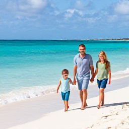 Caribbean Holidays, February Family Holidays, A happy family walking along a bright white sandy beach beside clear turquoise water in The Bahamas on a sunny February morning