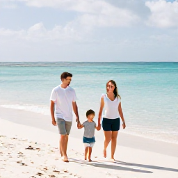 Caribbean Holidays, February Family Holidays, A happy family walking along a bright white sandy beach in The Bahamas in February, calm turquoise sea and soft sunshine