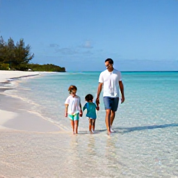 Caribbean Holidays, February Family Holidays, A happy family walking along the clear shallow waters of Grace Bay Beach in the Turks and Caicos Islands on a bright February morning