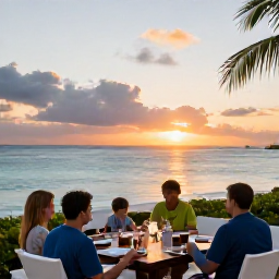 Caribbean Holidays, February Family Holidays, A relaxed family dinner at an outdoor restaurant beside the beach in Providenciales, Turks and Caicos, at sunset