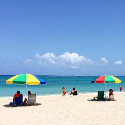 Caribbean Holidays, February Family Holidays, A sunny Cura&ccedil;ao beach with calm turquoise water, soft white sand, colourful beach umbrellas and a family enjoying a relaxed February holiday