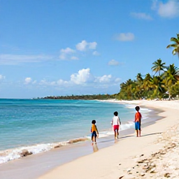 Caribbean Holidays, February Family Holidays, A sunny family-friendly beach in Trinidad and Tobago in February, with calm turquoise water, soft sand, palm trees and children playing safely near the shoreline