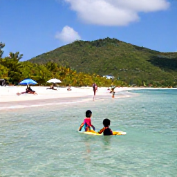 Caribbean Holidays, February Family Holidays, Children paddling in shallow clear water while parents relax on a sandy beach overlooking the green hills of Saint Kitts