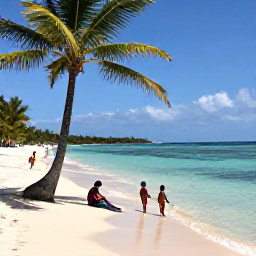 Caribbean Holidays, February Family Holidays, Children playing safely in shallow clear Caribbean sea while parents relax nearby under a shaded palm tree
