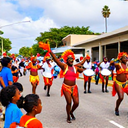 Caribbean Holidays, February Family Holidays, Colourful Trinidad Carnival parade with families watching dancers in bright costumes, steelpan musicians and festive street decorations