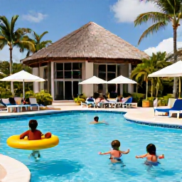 Caribbean Holidays, February Family Holidays, Comfortable family-friendly Caribbean resort with a large swimming pool, children playing and parents dining outdoors