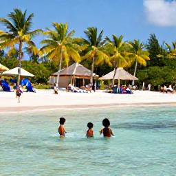 Caribbean Holidays, February Family Holidays, Families enjoying a safe Caribbean beach in Tobago, children paddling in shallow clear water while adults relax beneath palm trees
