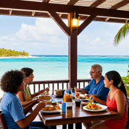 Caribbean Holidays, February Family Holidays, Family eating an informal Caribbean meal at an open-air restaurant overlooking the sea in Tortola