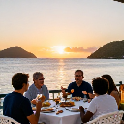 Caribbean Holidays, February Family Holidays, Family enjoying a relaxed outdoor meal at a waterfront restaurant in the US Virgin Islands at sunset