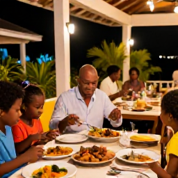 Caribbean Holidays, February Family Holidays, Family enjoying a relaxed Saint Lucia evening meal at an open-air restaurant, with local dishes, warm lights and a tropical garden setting