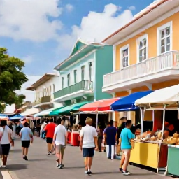 Caribbean Holidays, February Family Holidays, Family exploring a colourful Caribbean town with colonial buildings, a lively market and local food stalls