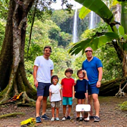 Caribbean Holidays, February Family Holidays, Family exploring lush Trinidad rainforest with a guide, tropical trees, a small waterfall and colourful birds