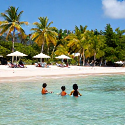 Caribbean Holidays, February Family Holidays, Family-friendly Saint Lucia beach with children paddling in shallow clear water, parents relaxing under umbrellas and lush tropical scenery