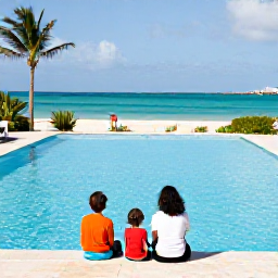 Caribbean Holidays, February Family Holidays, Family relaxing beside a resort swimming pool overlooking the turquoise waters of Nassau, The Bahamas, sunny February afternoon