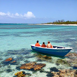 Caribbean Holidays, February Family Holidays, Family taking a glass-bottom boat trip over colourful coral reefs near Nassau, The Bahamas, clear February waters