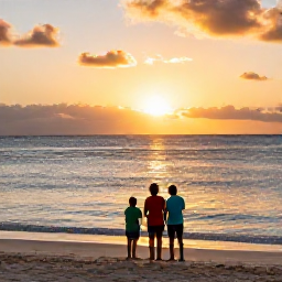 Caribbean Holidays, February Family Holidays, Family watching a vibrant Caribbean sunset from a sandy beach, with warm golden light and calm sea