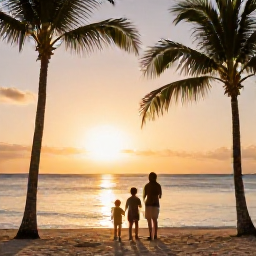 Caribbean Holidays, February Family Holidays, Family watching the sunset over a calm Bahamian beach, palm trees and warm golden light in February