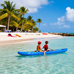 Caribbean Holidays, February Family Holidays, Parents and children paddling in shallow clear water on a beautiful Bahamian beach, with palm trees and colourful beach towels